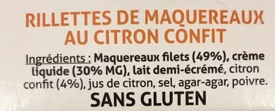 Lista de ingredientes del producto Rillettes de maquereaux au citron confit  120 g