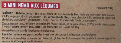 Lista de ingredientes del producto 8 nems aux légumes roulés à la main les p'tits chefs du bio 200 g