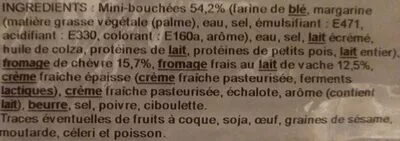 Lista de ingredientes del producto Mini bouchée duo fromages chèvre Les Recettes Apéritives, Lily Toques 120 g (10 bouchées de 12 g)