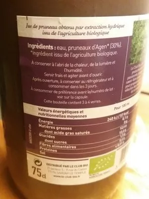 Lista de ingredientes del producto Jus de pruneaux d agen La Bio & Moi 75cl