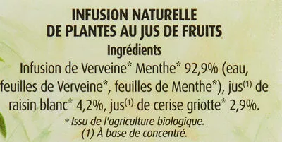 Lista de ingredientes del producto Verveine au Jus de Cerise Griotte Herbalist Infusions Véritables, Herbalist 1 L