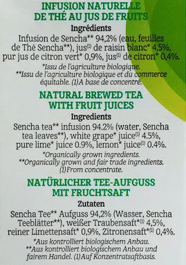 Lista de ingredientes del producto Thé Vert Sencha au Jus de Citrons Comme Une Rivière, CUR 1 L