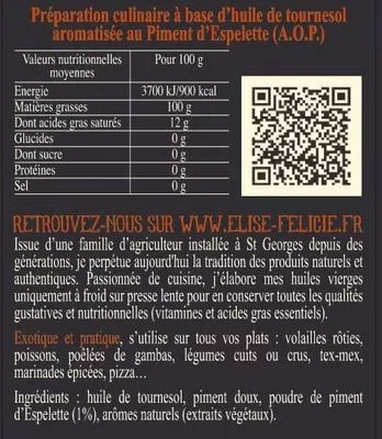 Lista de ingredientes del producto Huile au Piment d'Espelette Élise & Félicie 25 cl