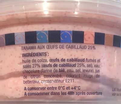 Lista de ingredientes del producto Tarama Œufs de Cabillaud K-Yam 165 g e