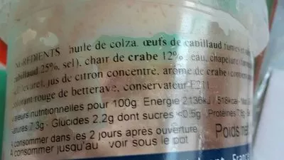 Lista de ingredientes del producto Tarama au crabe  