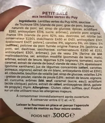 Lista de ingredientes del producto Petit salé aux lentilles vertesdu Puy  300 g