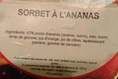 Lista de ingredientes del producto Sorbet à l'ananas Glace de la Ferme 325 g