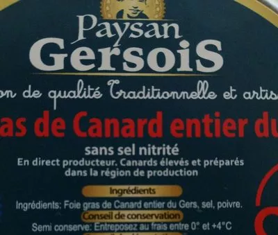 Lista de ingredientes del producto Foie gras de canard entier mi-cuit Paysan Gersois 