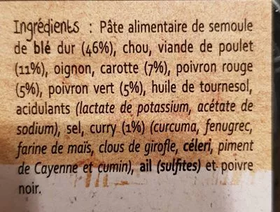 Lista de ingredientes del producto Nouille au poulet et curry Wei Ming 