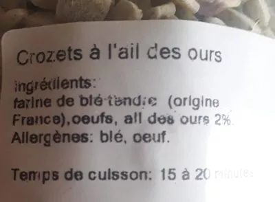 Lista de ingredientes del producto Crozets à l'ail des ours La cabote de Joseph 