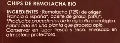 Lista de ingredientes del producto Chips de remolacha bio Croustisud 