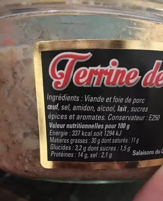 Lista de ingredientes del producto Terrine de campagne La salaison du cayon 180 g