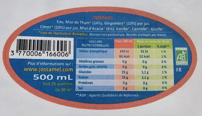 Lista de ingredientes del producto Jossamél au gingembre ELO-CJ JossaMél 500 ml