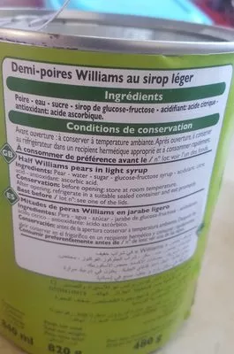 Lista de ingredientes del producto Poires williams au sirop leger  