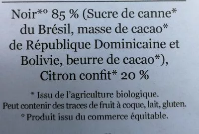 Lista de ingredientes del producto Chocolat noir citron L'Ami du Palais 