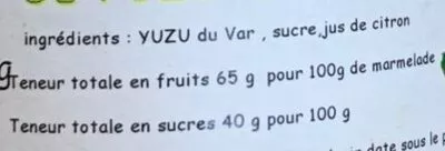 Lista de ingredientes del producto Confit de Yuzu Domaine du Moulin 200 g