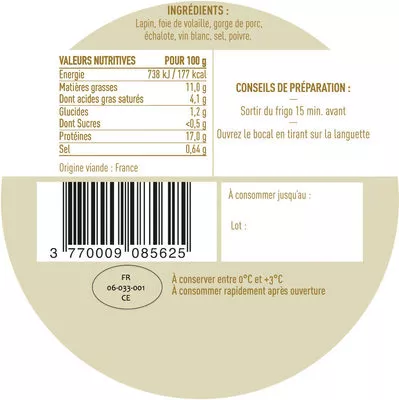 Lista de ingredientes del producto Terrine de lapin Cocotte gourmet 250g