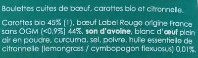 Lista de ingredientes del producto Boulettes Boeuf Carotte et Citronnelle La Popote Compagnie 200 g