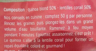 Lista de ingredientes del producto Mélange quinoa / lentilles corail sa majesté la graine 350 g