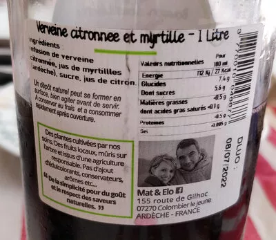 Lista de ingredientes del producto Boisson désalterante Verveine citronnée myrtille sauvage Mat&Elo 1 l