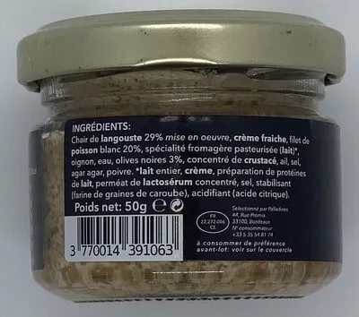 Lista de ingredientes del producto Rillettes de Langouste Royale aux Olives Noires Palladines 50 g