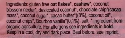 Lista de ingredientes del producto Vanilla choc chip cashew & oat cookie Kookie Kat 50 g e