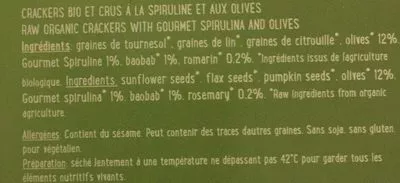 Lista de ingredientes del producto Crackers spiruline et olives Gourmet Spiruline 