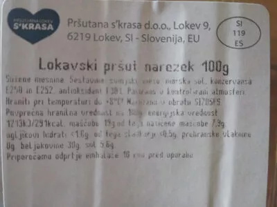 Lista de ingredientes del producto lokavski pršut LOKEV S'KRASA 100 g