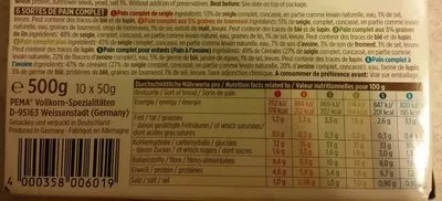 Lista de ingredientes del producto Vollkornbrot, Vollkornspezial Pema 500g