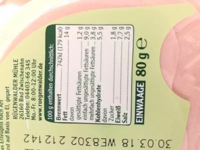 Lista de ingredientes del producto Vegetarischer Schinken Spicker Mortadella Rügenwälder Mühle 80g