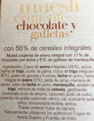 Lista de ingredientes del producto Muesli crujiente chocolate y galletas Kölln 