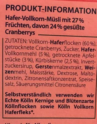 Lista de ingredientes del producto Müsli Cranberry, Hafer-vollkorn Apfel Kürbis kölln 500g