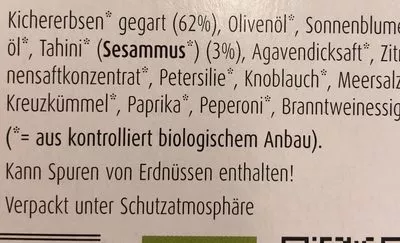 Lista de ingredientes del producto Hummus Tahini, Aus Kichererbsen Und Sesam Bio verde 