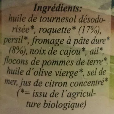 Lista de ingredientes del producto Pesto à la roquette Bio verde, bio-verde 165 g