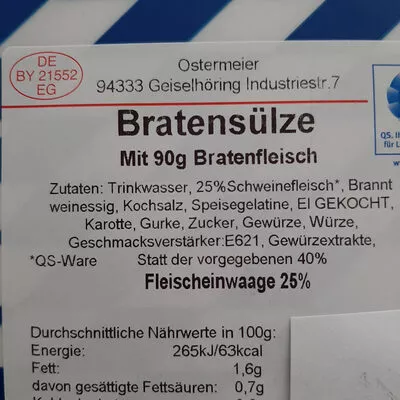 Lista de ingredientes del producto Bratensülze Ostermeier 350 g