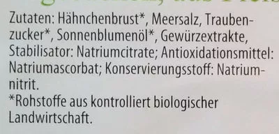 Lista de ingredientes del producto Bio Hähnchenbrustfilet Wiltmann 50 g