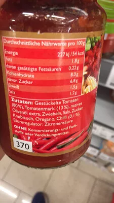 Lista de ingredientes del producto Krini Sugo all'arrabbiata sauce tomate chaude Krini 370 ml