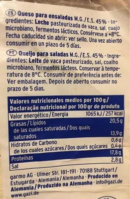 Lista de ingredientes del producto Queso para ensalada Gazi 