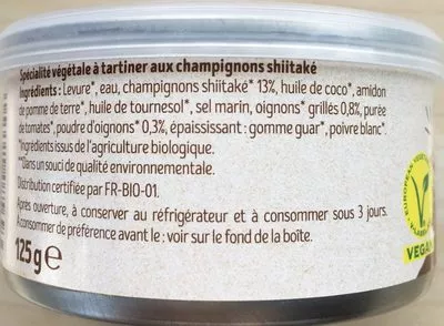 Lista de ingredientes del producto Terrine vegetale champignons Shiitake Tartex 125 g