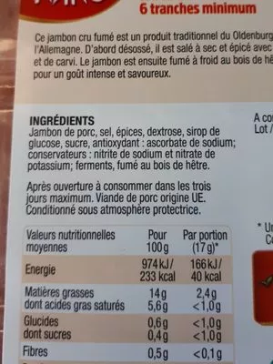 Lista de ingredientes del producto Jambon  cru fumé  