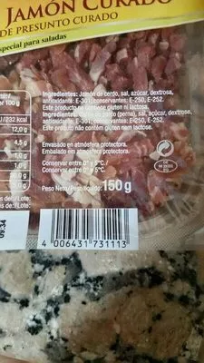 Lista de ingredientes del producto Tiras de jamon curado Del Monte 