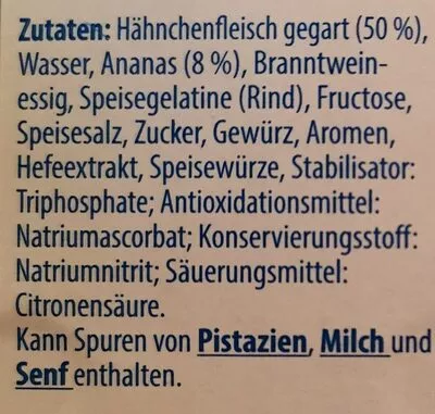 Lista de ingredientes del producto Gegarte Hähnchenbrust gepökelt mit Ananas in Bratenaspik Stockmeyer 