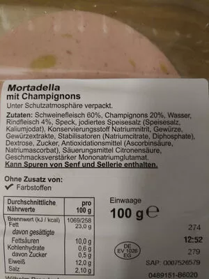 Lista de ingredientes del producto Mortadella mit Champignons wilhelm brandenburg 100 g