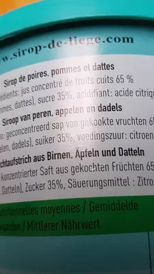 Lista de ingredientes del producto Sirop de liège Meurens, Siroperie Meurens 900 g