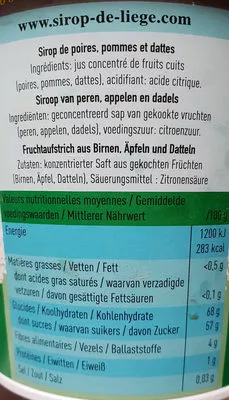 Lista de ingredientes del producto Sirop de Liege Siroperie Meurens 450 g e