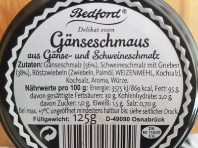 Lista de ingredientes del producto Gänseschmaus Bedford 125 g