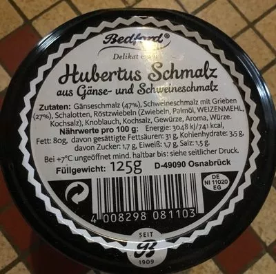 Lista de ingredientes del producto Hubertus Schmalz aus Gänse- und Schweineschmalz Bedford 125 g