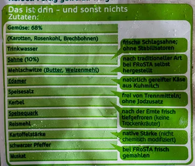 Lista de ingredientes del producto Rahm Markt Gemüse FRoSTA 450 g