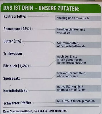 Lista de ingredientes del producto Kohlabi mit Romanesco in Bärlauch-Butter FRoSTA 380 g