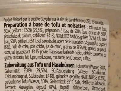 Lista de ingredientes del producto Tofu Fumé et noisettes - tartinable végétal Guyader 